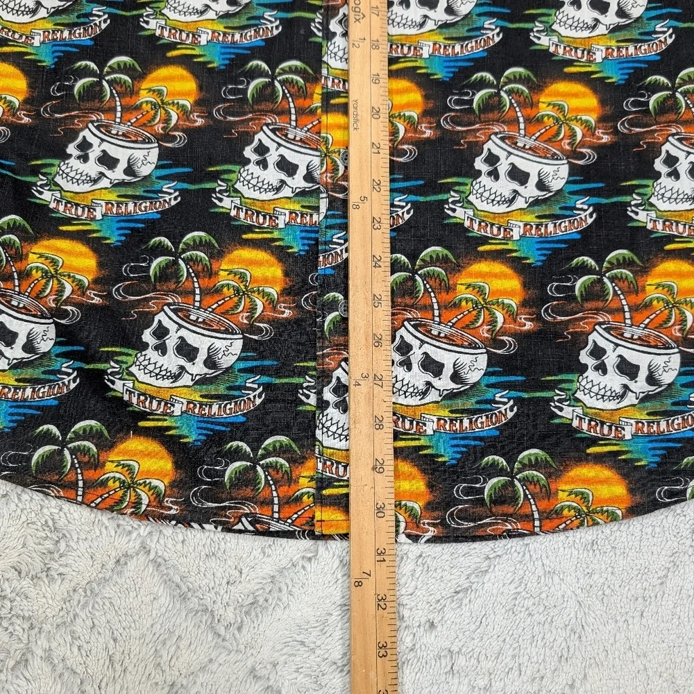 True Religion Shirt Mens L Black Skull Hawaiian Utility Short Sleeve Travel
